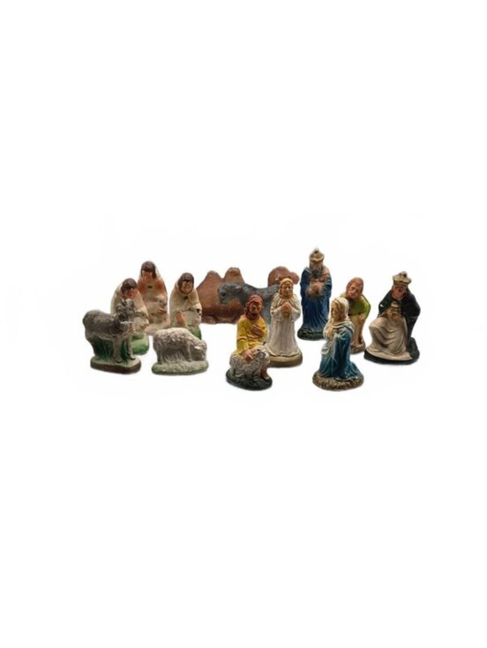 vtg Chalkware Nativity Set, 13 Hand Painted Figures, Camel, Sheep, No baby Jesus